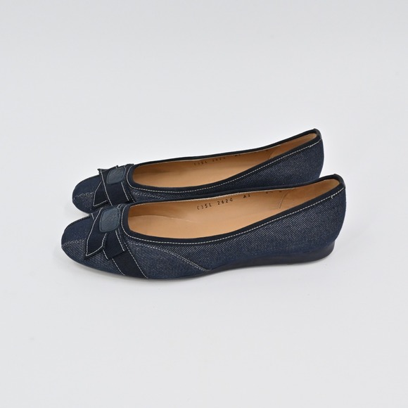Salvatore Ferragamo Denim Ballet Flats Womens Size 6.5 Blue Bow Detail Old Money - Picture 5 of 10